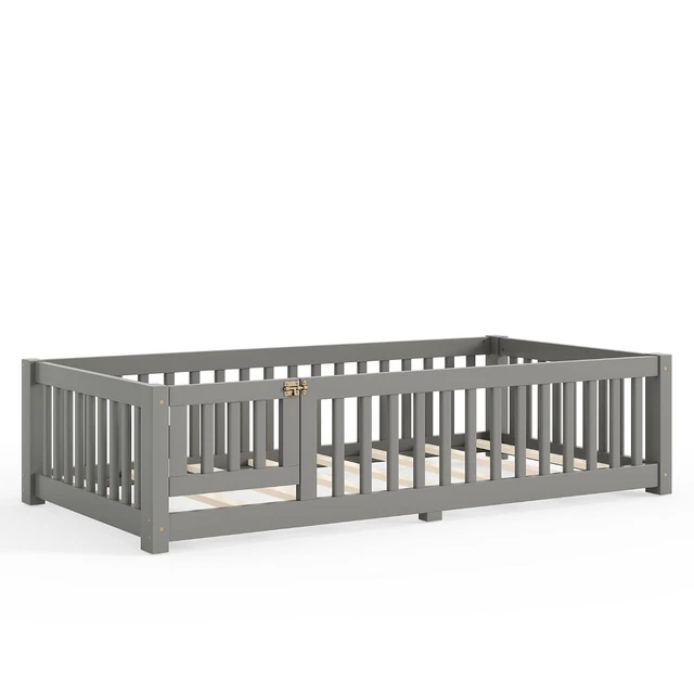Alt view image 7 of 7 - Solid Pine Floor Bed with Guardrails and Door for Girls Boys, Montessori Kids Bed with Fence Gate for Sleeping Transition, Twin Size, Gray