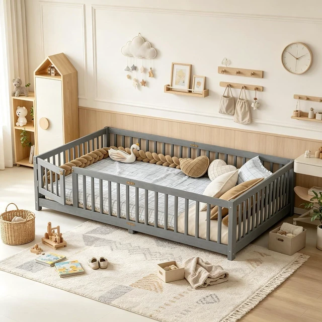 Main image of Solid Pine Floor Bed with Guardrails and Door for Girls Boys, Montessori Kids Bed with Fence Gate for Sleeping Transition, Queen Size, Gray