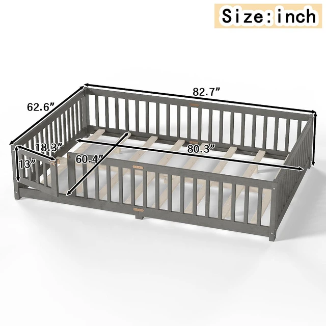 Alt view image 2 of 7 - Solid Pine Floor Bed with Guardrails and Door for Girls Boys, Montessori Kids Bed with Fence Gate for Sleeping Transition, Queen Size, Gray
