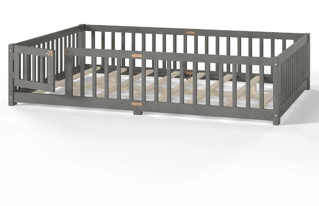 Alt view image 3 of 7 - Solid Pine Floor Bed with Guardrails and Door for Girls Boys, Montessori Kids Bed with Fence Gate for Sleeping Transition, Queen Size, Gray