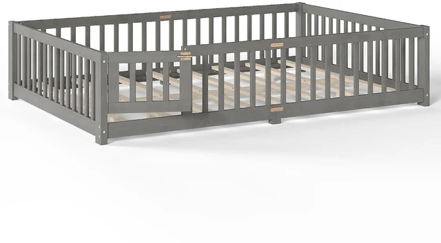 Alt view image 4 of 7 - Solid Pine Floor Bed with Guardrails and Door for Girls Boys, Montessori Kids Bed with Fence Gate for Sleeping Transition, Queen Size, Gray