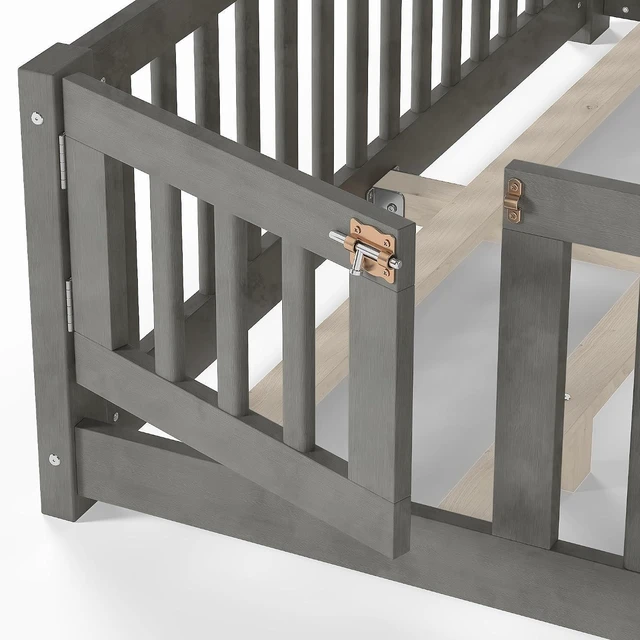 Alt view image 5 of 7 - Solid Pine Floor Bed with Guardrails and Door for Girls Boys, Montessori Kids Bed with Fence Gate for Sleeping Transition, Queen Size, Gray