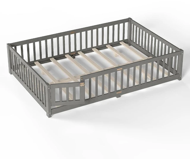 Alt view image 6 of 7 - Solid Pine Floor Bed with Guardrails and Door for Girls Boys, Montessori Kids Bed with Fence Gate for Sleeping Transition, Queen Size, Gray