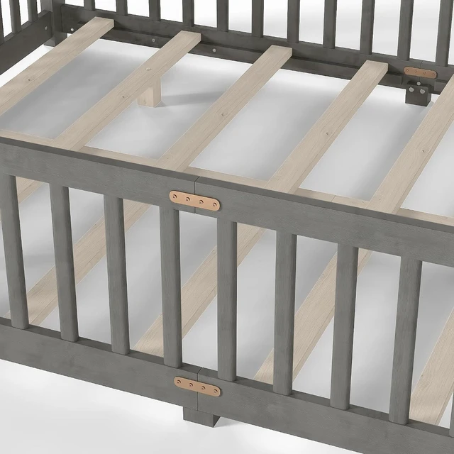Alt view image 7 of 7 - Solid Pine Floor Bed with Guardrails and Door for Girls Boys, Montessori Kids Bed with Fence Gate for Sleeping Transition, Queen Size, Gray