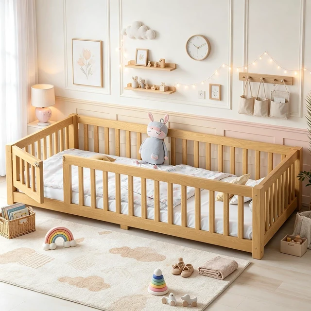 Main image of Montessori Floor Bed with Safety Guardrails and Door for Girls Boys, Kids Wood Floor Bed with Fence Gate for Sleeping Transition, Twin Size, Natural