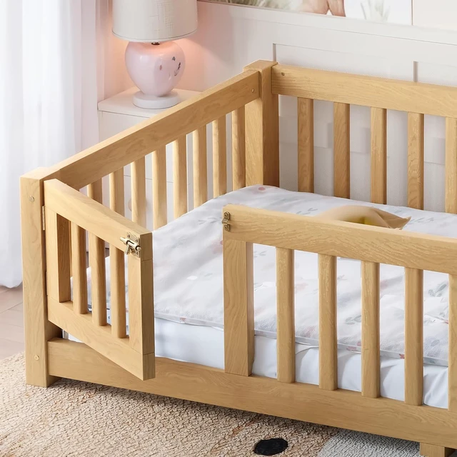 Alt view image 2 of 7 - Montessori Floor Bed with Safety Guardrails and Door for Girls Boys, Kids Wood Floor Bed with Fence Gate for Sleeping Transition, Twin Size, Natural