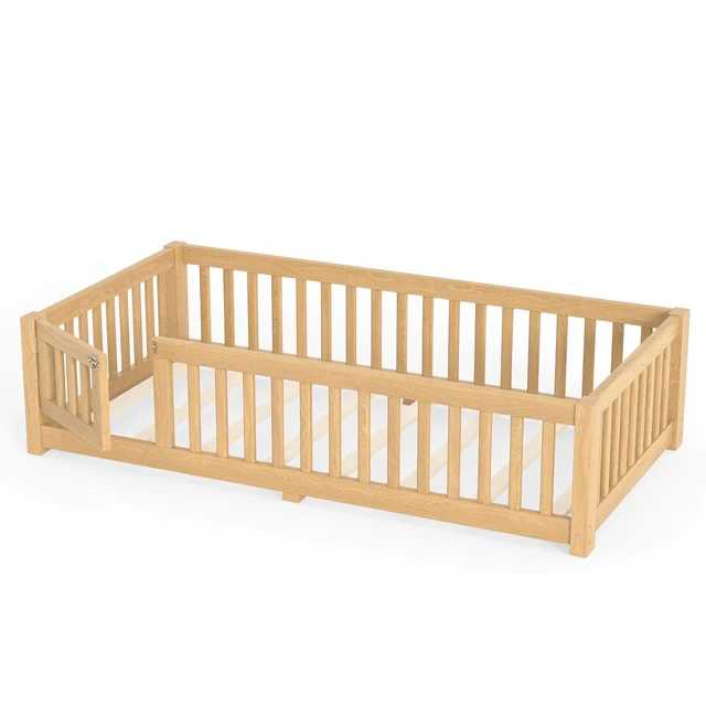 Alt view image 5 of 7 - Montessori Floor Bed with Safety Guardrails and Door for Girls Boys, Kids Wood Floor Bed with Fence Gate for Sleeping Transition, Twin Size, Natural