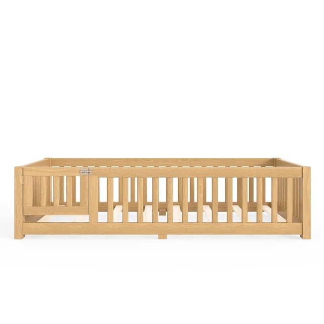 Alt view image 4 of 7 - Montessori Floor Bed with Safety Guardrails and Door for Girls Boys, Kids Wood Floor Bed with Fence Gate for Sleeping Transition, Twin Size, Natural