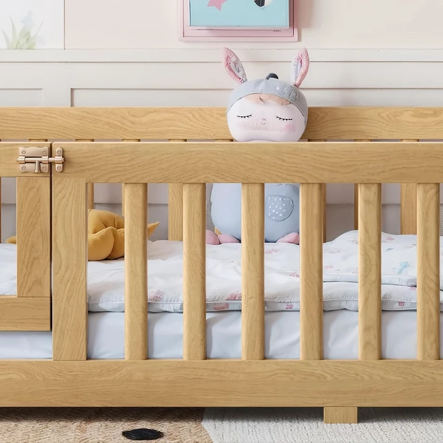 Alt view image 3 of 7 - Montessori Floor Bed with Safety Guardrails and Door for Girls Boys, Kids Wood Floor Bed with Fence Gate for Sleeping Transition, Twin Size, Natural