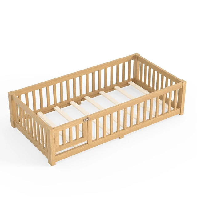 Alt view image 6 of 7 - Montessori Floor Bed with Safety Guardrails and Door for Girls Boys, Kids Wood Floor Bed with Fence Gate for Sleeping Transition, Twin Size, Natural
