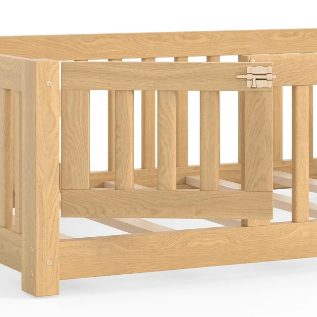 Alt view image 7 of 7 - Montessori Floor Bed with Safety Guardrails and Door for Girls Boys, Kids Wood Floor Bed with Fence Gate for Sleeping Transition, Twin Size, Natural