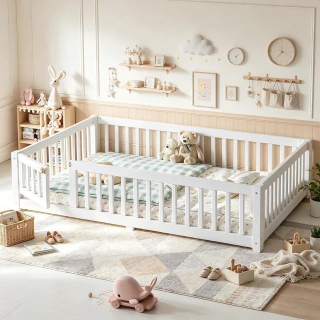 Main image of Solid Pine Floor Bed with Guardrails and Door for Girls Boys, Montessori Kids Bed with Fence Gate for Sleeping Transition, Full Size, White