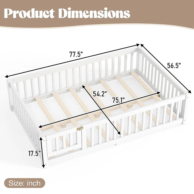 Alt view image 2 of 7 - Solid Pine Floor Bed with Guardrails and Door for Girls Boys, Montessori Kids Bed with Fence Gate for Sleeping Transition, Full Size, White