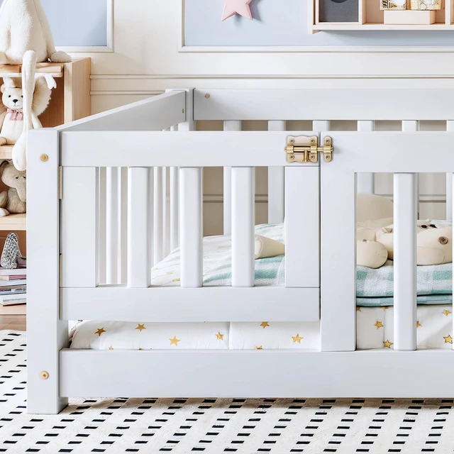 Alt view image 3 of 7 - Solid Pine Floor Bed with Guardrails and Door for Girls Boys, Montessori Kids Bed with Fence Gate for Sleeping Transition, Full Size, White