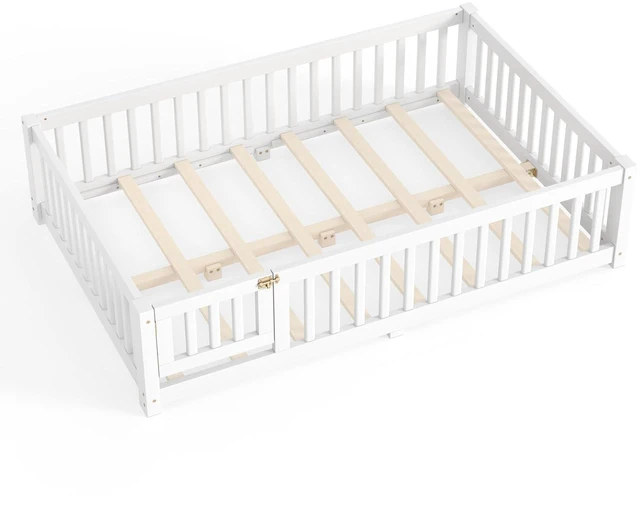 Alt view image 5 of 7 - Solid Pine Floor Bed with Guardrails and Door for Girls Boys, Montessori Kids Bed with Fence Gate for Sleeping Transition, Full Size, White