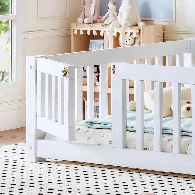 Alt view image 4 of 7 - Solid Pine Floor Bed with Guardrails and Door for Girls Boys, Montessori Kids Bed with Fence Gate for Sleeping Transition, Full Size, White