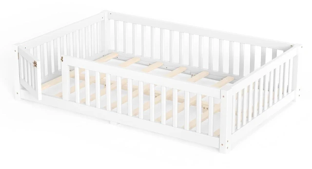 Alt view image 6 of 7 - Solid Pine Floor Bed with Guardrails and Door for Girls Boys, Montessori Kids Bed with Fence Gate for Sleeping Transition, Full Size, White