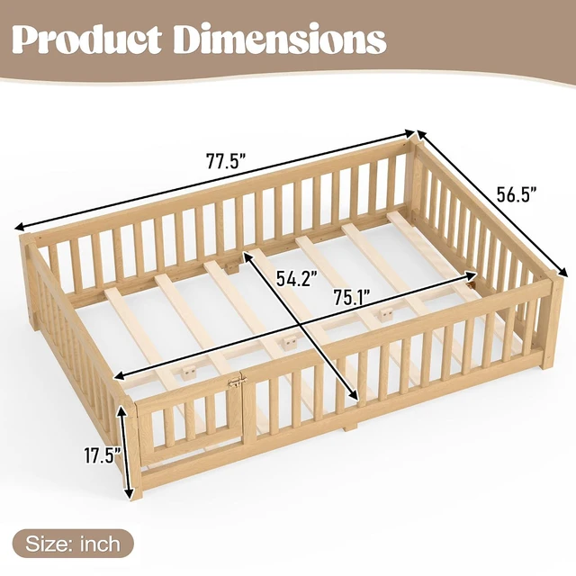 Alt view image 2 of 7 - Solid Pine Floor Bed with Guardrails and Door for Girls Boys, Montessori Kids Bed with Fence Gate for Sleeping Transition, Full Size, Natural
