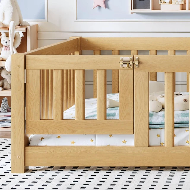 Alt view image 3 of 7 - Solid Pine Floor Bed with Guardrails and Door for Girls Boys, Montessori Kids Bed with Fence Gate for Sleeping Transition, Full Size, Natural