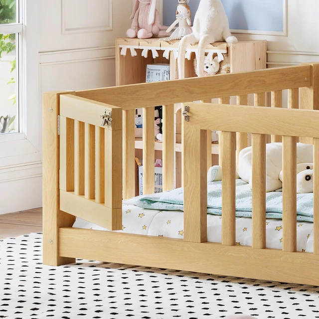 Alt view image 4 of 7 - Solid Pine Floor Bed with Guardrails and Door for Girls Boys, Montessori Kids Bed with Fence Gate for Sleeping Transition, Full Size, Natural