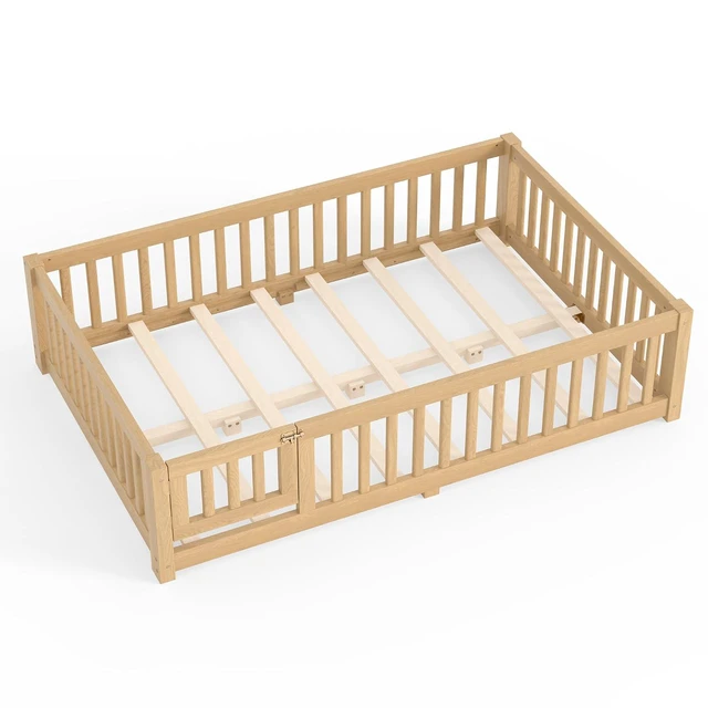 Alt view image 5 of 7 - Solid Pine Floor Bed with Guardrails and Door for Girls Boys, Montessori Kids Bed with Fence Gate for Sleeping Transition, Full Size, Natural