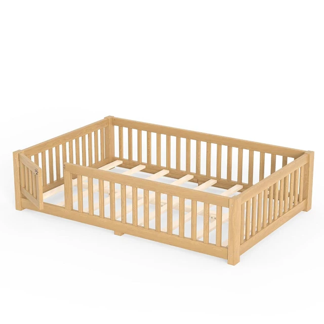 Alt view image 6 of 7 - Solid Pine Floor Bed with Guardrails and Door for Girls Boys, Montessori Kids Bed with Fence Gate for Sleeping Transition, Full Size, Natural