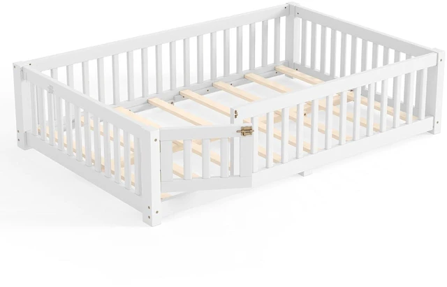 Alt view image 7 of 7 - Solid Pine Floor Bed with Guardrails and Door for Girls Boys, Montessori Kids Bed with Fence Gate for Sleeping Transition, Full Size, White