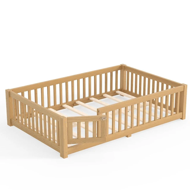Alt view image 7 of 7 - Solid Pine Floor Bed with Guardrails and Door for Girls Boys, Montessori Kids Bed with Fence Gate for Sleeping Transition, Full Size, Natural