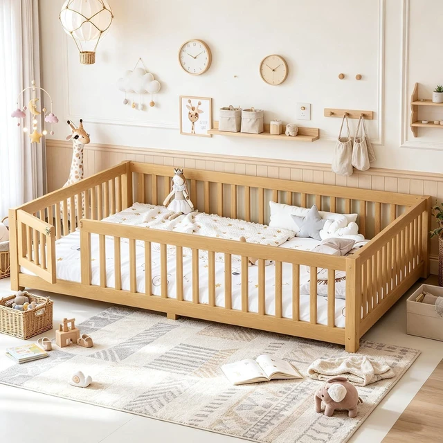 Main image of Solid Pine Floor Bed with Guardrails and Door for Girls Boys, Montessori Kids Bed with Fence Gate for Sleeping Transition, Queen Size, Natural