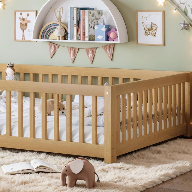 Alt view image 4 of 7 - Solid Pine Floor Bed with Guardrails and Door for Girls Boys, Montessori Kids Bed with Fence Gate for Sleeping Transition, Queen Size, Natural