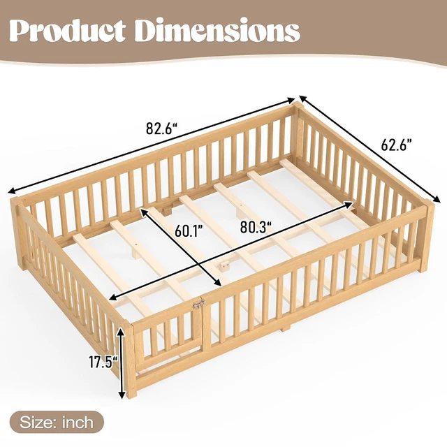 Alt view image 2 of 7 - Solid Pine Floor Bed with Guardrails and Door for Girls Boys, Montessori Kids Bed with Fence Gate for Sleeping Transition, Queen Size, Natural