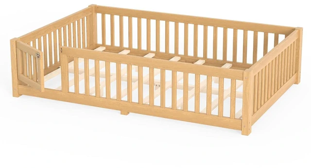 Alt view image 5 of 7 - Solid Pine Floor Bed with Guardrails and Door for Girls Boys, Montessori Kids Bed with Fence Gate for Sleeping Transition, Queen Size, Natural