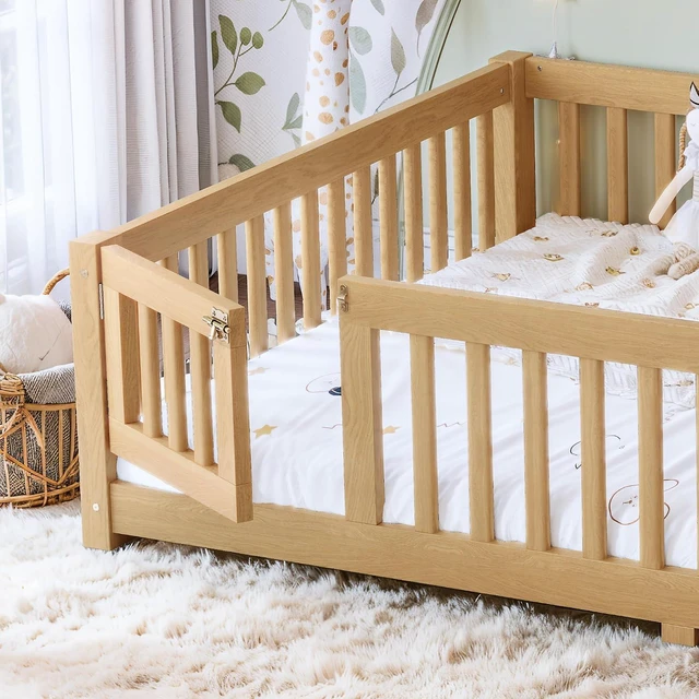 Alt view image 3 of 7 - Solid Pine Floor Bed with Guardrails and Door for Girls Boys, Montessori Kids Bed with Fence Gate for Sleeping Transition, Queen Size, Natural