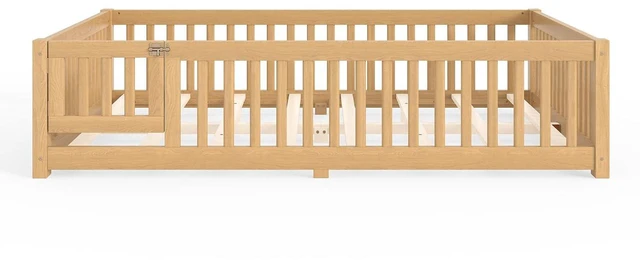 Alt view image 6 of 7 - Solid Pine Floor Bed with Guardrails and Door for Girls Boys, Montessori Kids Bed with Fence Gate for Sleeping Transition, Queen Size, Natural