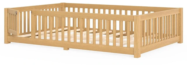 Alt view image 7 of 7 - Solid Pine Floor Bed with Guardrails and Door for Girls Boys, Montessori Kids Bed with Fence Gate for Sleeping Transition, Queen Size, Natural