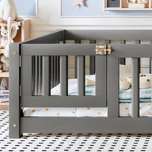 Alt view image 2 of 7 - Montessori Floor Bed with Safety Guardrails and Door for Girls Boys, Kids Wood Floor Bed with Fence Gate for Sleeping Transition, Full Size, Gray