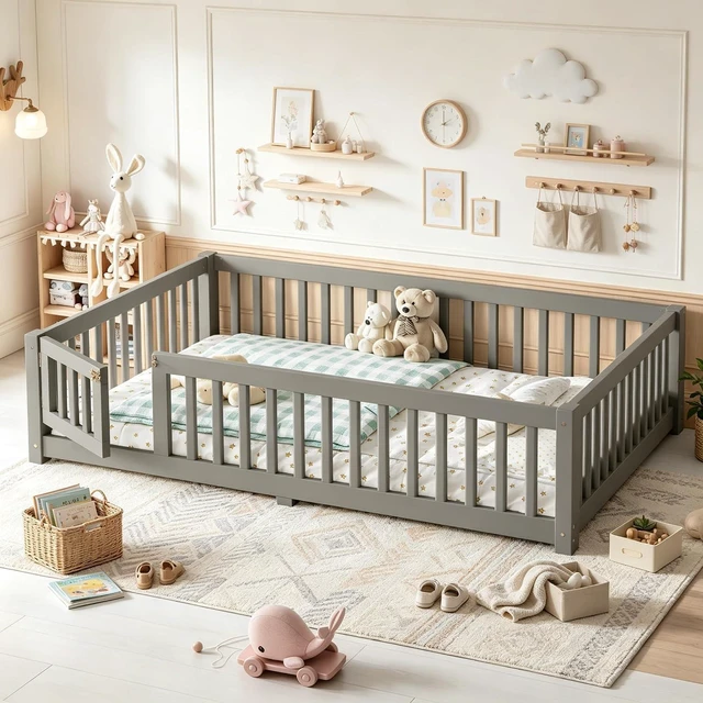 Main image of Montessori Floor Bed with Safety Guardrails and Door for Girls Boys, Kids Wood Floor Bed with Fence Gate for Sleeping Transition, Full Size, Gray