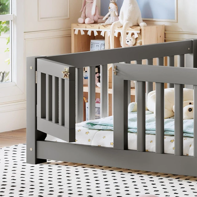 Alt view image 3 of 7 - Montessori Floor Bed with Safety Guardrails and Door for Girls Boys, Kids Wood Floor Bed with Fence Gate for Sleeping Transition, Full Size, Gray