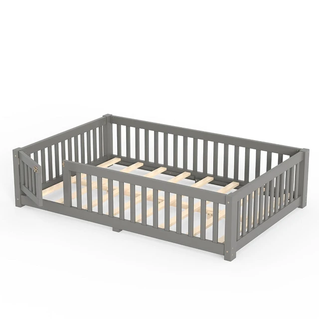 Alt view image 5 of 7 - Montessori Floor Bed with Safety Guardrails and Door for Girls Boys, Kids Wood Floor Bed with Fence Gate for Sleeping Transition, Full Size, Gray