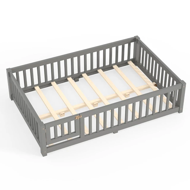 Alt view image 4 of 7 - Montessori Floor Bed with Safety Guardrails and Door for Girls Boys, Kids Wood Floor Bed with Fence Gate for Sleeping Transition, Full Size, Gray