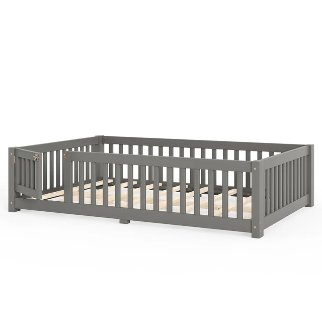 Alt view image 6 of 7 - Montessori Floor Bed with Safety Guardrails and Door for Girls Boys, Kids Wood Floor Bed with Fence Gate for Sleeping Transition, Full Size, Gray