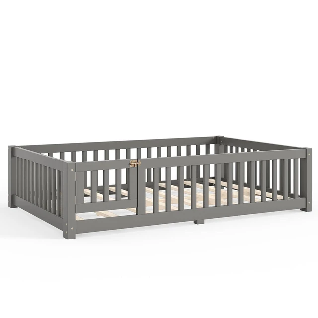 Alt view image 7 of 7 - Montessori Floor Bed with Safety Guardrails and Door for Girls Boys, Kids Wood Floor Bed with Fence Gate for Sleeping Transition, Full Size, Gray