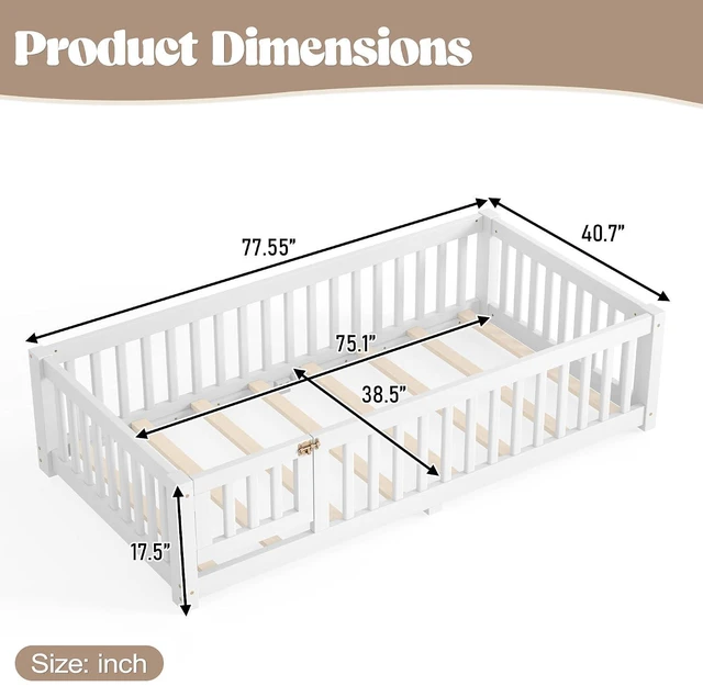 Alt view image 2 of 7 - Montessori Floor Bed with Safety Guardrails and Door for Girls Boys, Kids Wood Floor Bed with Fence Gate for Sleeping Transition, Twin Size, White