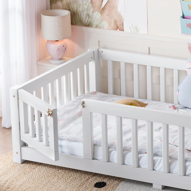 Alt view image 3 of 7 - Montessori Floor Bed with Safety Guardrails and Door for Girls Boys, Kids Wood Floor Bed with Fence Gate for Sleeping Transition, Twin Size, White