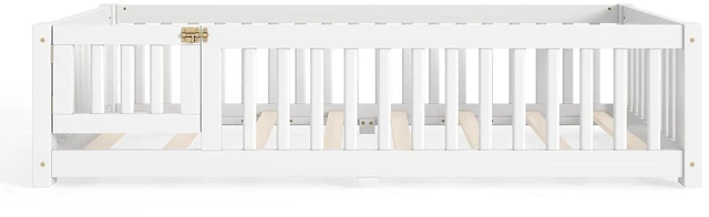 Alt view image 5 of 7 - Montessori Floor Bed with Safety Guardrails and Door for Girls Boys, Kids Wood Floor Bed with Fence Gate for Sleeping Transition, Twin Size, White