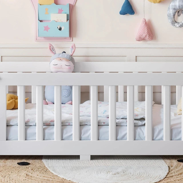 Alt view image 4 of 7 - Montessori Floor Bed with Safety Guardrails and Door for Girls Boys, Kids Wood Floor Bed with Fence Gate for Sleeping Transition, Twin Size, White