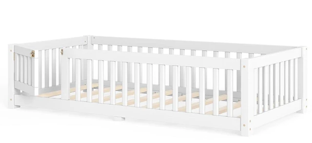 Alt view image 6 of 7 - Montessori Floor Bed with Safety Guardrails and Door for Girls Boys, Kids Wood Floor Bed with Fence Gate for Sleeping Transition, Twin Size, White