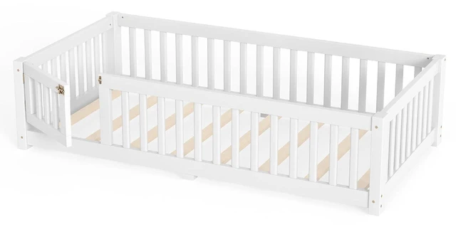 Alt view image 7 of 7 - Montessori Floor Bed with Safety Guardrails and Door for Girls Boys, Kids Wood Floor Bed with Fence Gate for Sleeping Transition, Twin Size, White