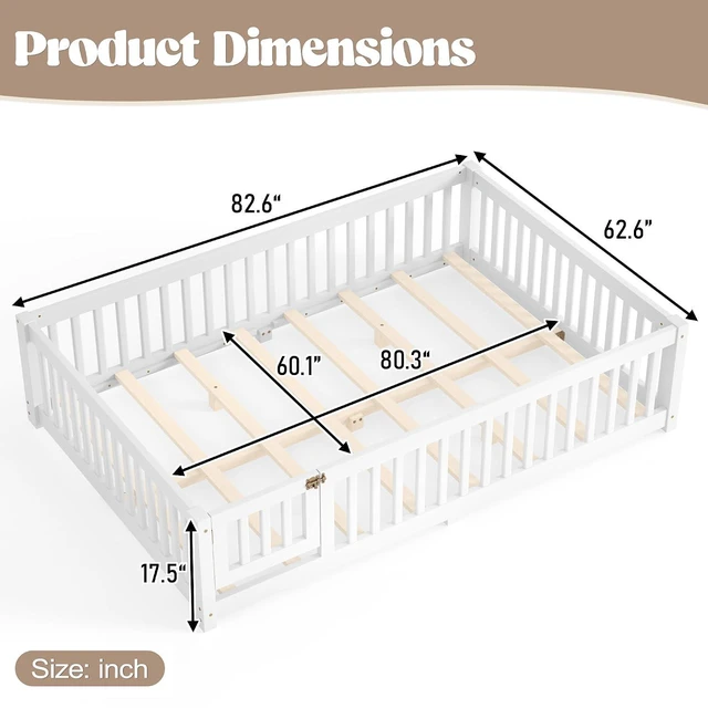 Alt view image 2 of 7 - Montessori Floor Bed with Safety Guardrails and Door for Girls Boys, Kids Wood Floor Bed with Fence Gate for Sleeping Transition, Queen Size, White