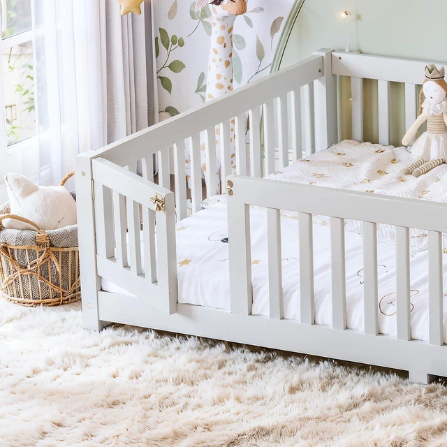 Alt view image 3 of 7 - Montessori Floor Bed with Safety Guardrails and Door for Girls Boys, Kids Wood Floor Bed with Fence Gate for Sleeping Transition, Queen Size, White
